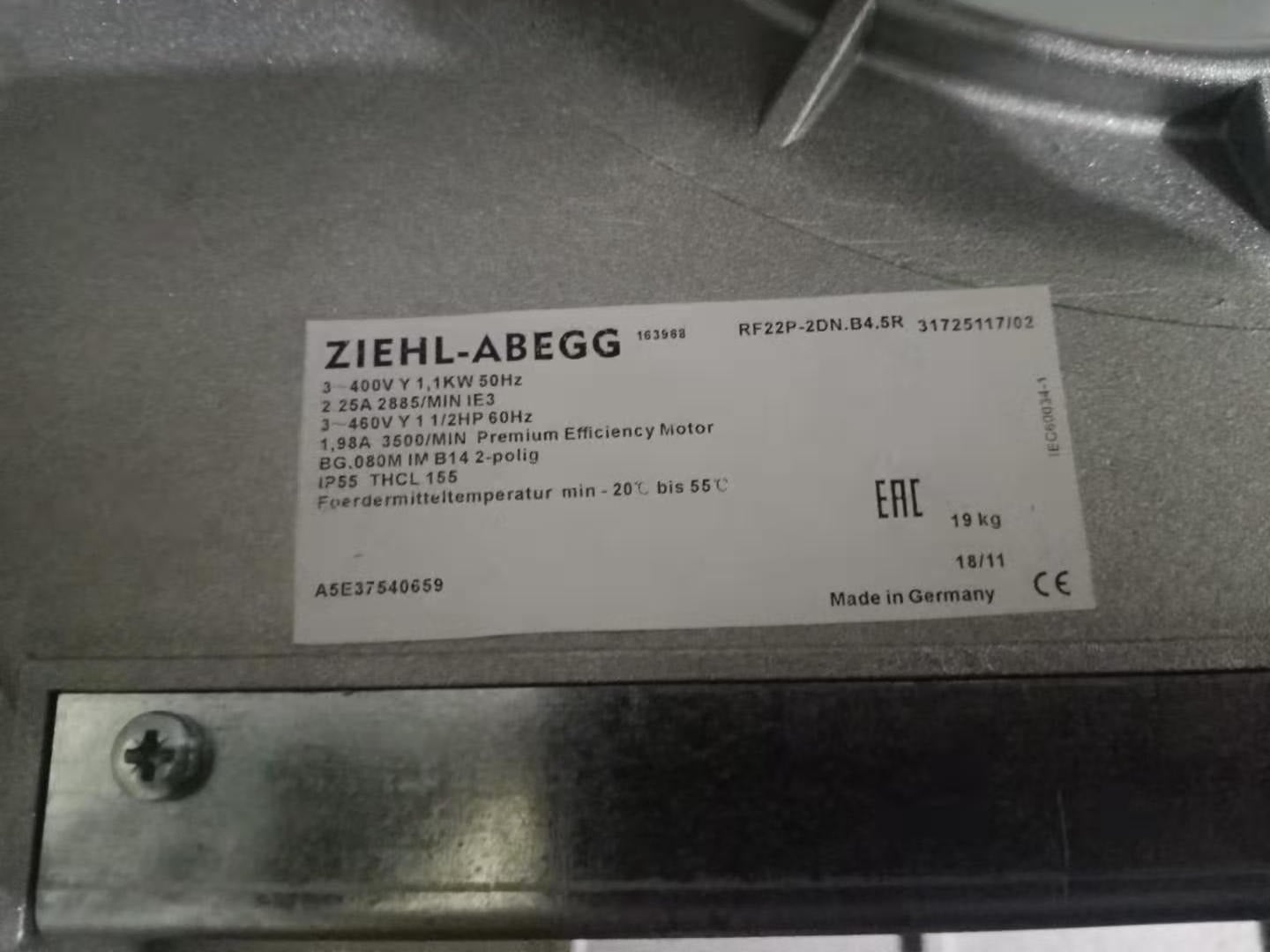 RF22P‐2DN.B4.5R ZIEHL-ABEGG centrifugal fan 400V AC 2.25A Siemens  1PH718/1PH7224/1PH7228 Series Spindle Servo Motor